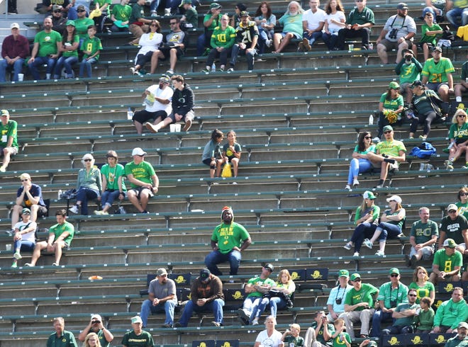 There were plenty of empty seats in the upper decks during Oregon’s 62-14 win over Portland State during the 2018 season at Autzen Stadium. [Chris Pietsch/The Register-Guard]