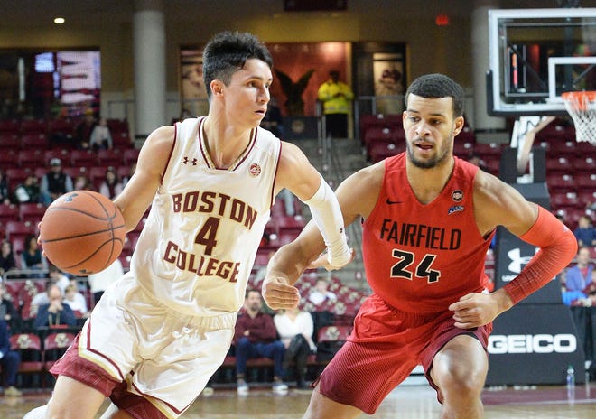 Portsmouth resident Chris Herren Jr. (4) recently transferred from Boston College to the University of San Diego. He will sit out a year before playing for the Toreros in the 2021-22 season. [BROCKTON ENTERPRISE/MARC VASCONCELLOS]