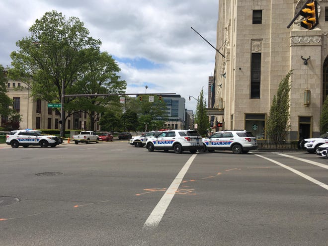 The scene at the corner of Front Street and Broad Street Downtown on Saturday afternoon. Police and the bomb squad were investigating reports of a suspicious package that was later deemed safe. (Danae King/The Columbus Dispatch)