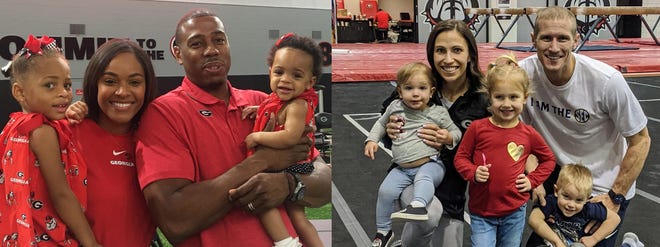 Left, Joni and Darius Taylor with daughters Jacie and Drew. Right, Courtney Kupets Carter and Chris Carter with daughters Savannah and Brooklyn and son Bentley. [PHOTOS COURTESY UGA ATHLETICS AND COURTNEY KUPETS CARTER]