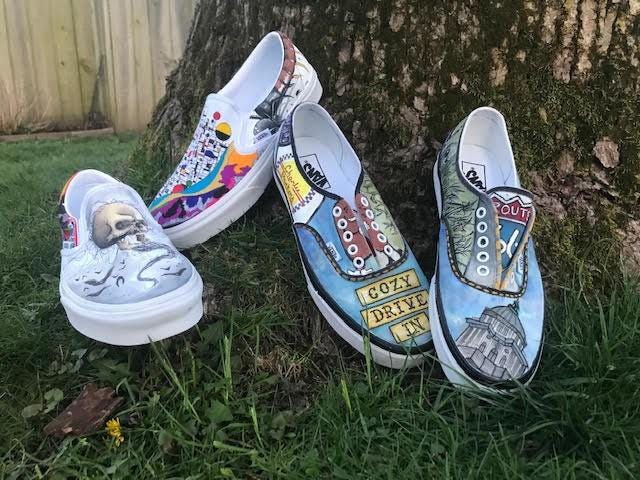 Shoes designed by Springfield High School art students Matthew “Seiya” Abe-Bell, Patrick Rearden, Allison Scott and Dominick Edwards are part of the Vans Custom Culture competition. Voting is online and ends May 15. [Photos provided by Jake Stapleton]