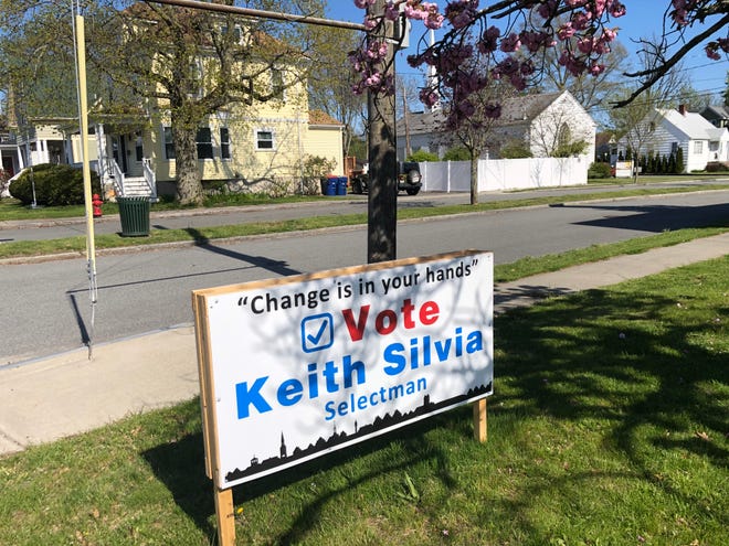 With door-to-door campaigning hard to do and few candidates' nights, much of the Fairhaven selectman's election is being fought by way of campaign signs. Here a sign for Keith Silvia on Route 6. [STAFF PHOTO]