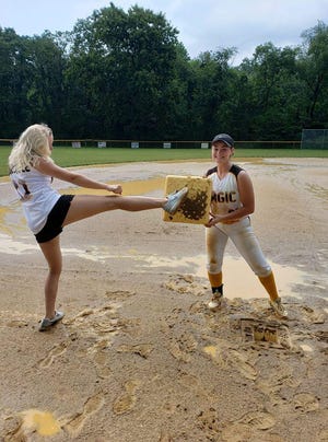 The Moorestown Magic’s Julianna Mackafee takes out some frustration on the third-base bag that contributed to a knee injury before her junior softball season at Palmyra High School. [CONTRIBUTED]