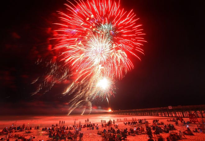 People gather near the Flagler Beach Pier to watch the annual fireworks show. Celebrations like this are in question because of protective measures communities are taking against coronavirus. [News-Journal file]