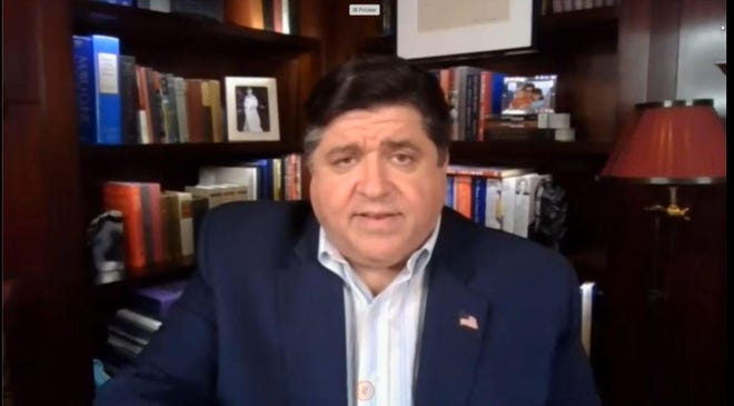 Gov. JB Pritzker gives an update on the state's pandemic unemployment assistance portal Thursday during his daily COVID-19 videoconference. [BlueRoomStream.com]