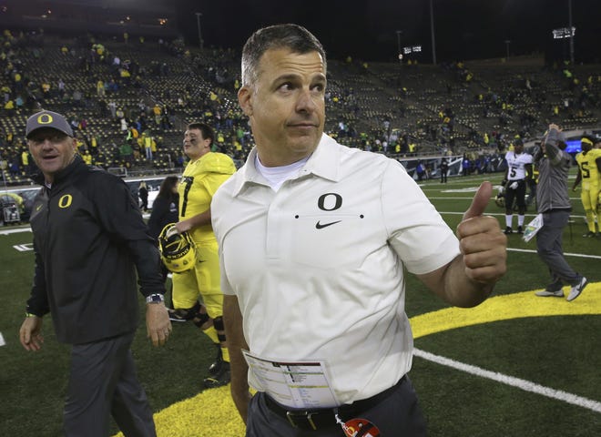 Oregon football coach Mario Cristobal led the Ducks to the Pac-12 title and a Rose Bowl win over Wisconsin last season. ([Chris Pietsch/The Register-Guard]