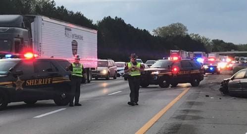Franklin County sheriff’s personnel are on the scene of a crash on I-270 westbound just east of Route 62 in Jackson Township that left one person dead and another in critical condition on Friday, May 15, 2020. [Franklin County sheriff’s office photo]