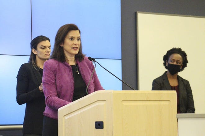 Gov. Gretchen Whitmer speaks during a coronavirus briefing in Lansing on Wednesday, May 15. Whitmer announced the creation of a task force to determine how to safely return students to school in the fall. (Michigan Office of the Governor via AP)