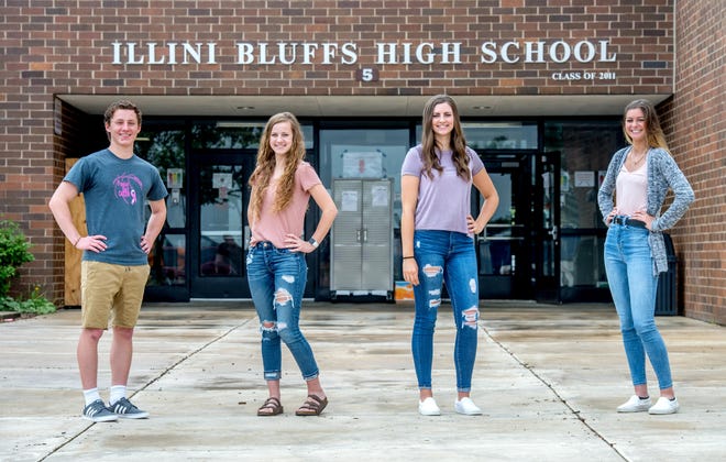 Illini Bluffs High School valedictorians Graham Allison, left, Lacy Pilgrim, Hannah Alvey and Peyton Pollman share their thoughts about the coronvirus pandemic and its impact on their senior year in high school. [MATT DAYHOFF/JOURNAL STAR]
