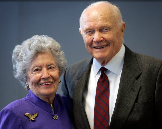 Annie and John Glenn after reflecting on his Historical orbital flight on the 45th anniversary at COSI. The Glenns had been married 46 years at that time and Annie said she had known John since she was 2 years old.