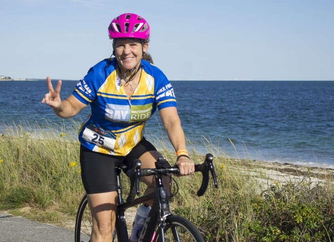Rider Jane Brown of Middleborough pedals along Surf Drive in Falmouth near the end of the Watershed Ride route.

[Courtesy Photo]