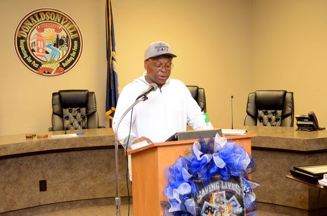 Donaldsonville Mayor Leroy Sullivan reads a statement during his bi-weekly live update Thursday at City Hall. The Mayor will recognize the graduates of both Ascension Catholic and Donaldsonville high schools.
Photo by Michael Tortorich