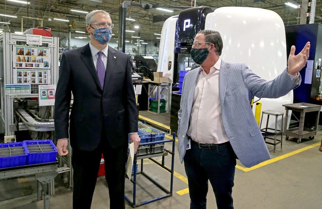 Governor Charlie Baker gets a tour from Tim O'Keeffe, CEO at Symmons Industries in Braintree on May 20, 2020.

Matt Stone/MediaNews Group/Boston Herald