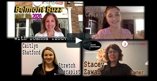 'Belmont Buzz' host Joanna Tzouvelis interviews Stacey Zawel, owner of Get in Shape for Women and StretchMed in Belmont about virtual workouts and stretching during the coronavirus pandemic. [Courtesy photo]
