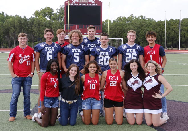 Fellowship of Christian Athlete All-Star athletes from Brownwood High School are pictured Friday at Gordon Wood Stadium, where they received jerseys and plaques. [Photo by Steve Nash]