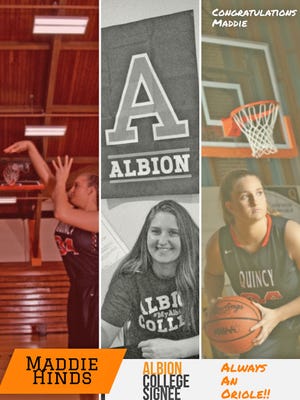 Quincy's Maddie Hinds recently signed her letter of intent to play basketball at Albion College.



[COLLAGE COURTESY OF QUINCY ATHLETIC DIRECTOR GABE FRISBIE]