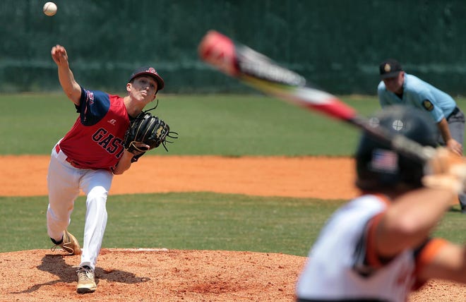 Gaston Braves' Cam Cook pitches in the early innings during their American Legion Baseball tournament games against Davidson County last summer at Fraley Field in Cherryville. [Mike Hensdill/The Gaston Gazette]