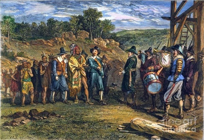 A 19th century painting depicts the Pilgrims meeting Massasoit, the sachem of the Wampanoag Confederation, in 1621. [COURTESY]