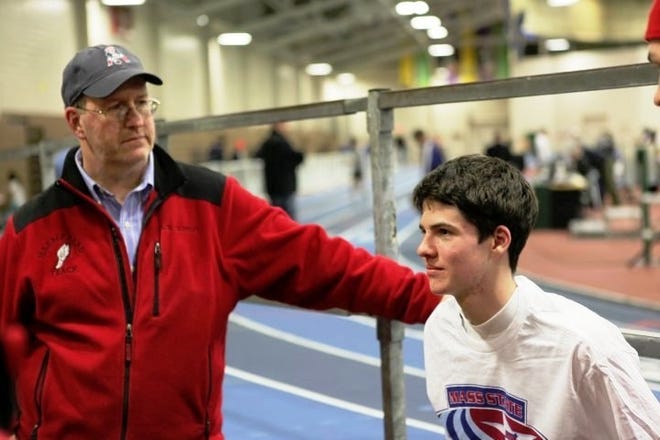 Marblehead High School veteran track coach Brian Crowley is shown with Nolan Raimo after Raimo won the Division 6 State Decathlon. Crowley stepped down as coach last year, and Raimo has succeeded him at the helm. [Courtesy photo]