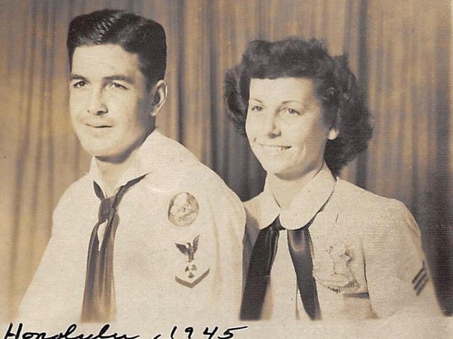 Larry and Annette Gautreaux in uniform during World War II. They were based at Pearl Harbor and today are thought to be Rhode Island’s last surviving World War II military couple. [Courtesy of Nancy Harritos]