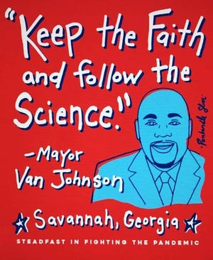 Panhandle Slim’s painting of Mayor Van Johnson and his quote about the COVID-19 outbreak. [Courtesy of the artist]