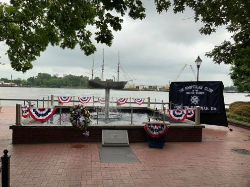 A small group of Board members from the Propeller Club of the United States – Port of Savannah met at the S.S. Savannah Monument on River Street Friday, May 22, to mark National Maritime Day. The group placed a wreath and tolled the bell in honor of those in the local maritime community who have died this past year. [Photo courtesy of The Propeller Club of the United States – Port of Savannah]