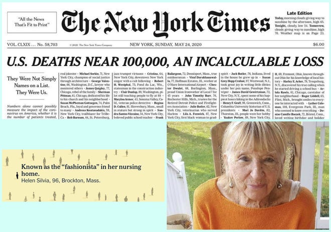 Helen Silvia, a former Brockton and Bridgewater resident, was included in the front page tribute to Americans who have died from the coronavirus that was published on the front page of the Sunday, May 24, 2020, edition of the New York Times. (New York Times, Enterprise file)
