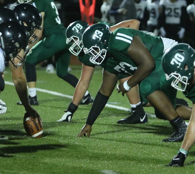 Canton High nose tackle Nnamdi Onyemelukwe (No. 73) has accepted a preferred walk-on offer from the University of Maine football program. Photo courtesy of Canton High Athletics.