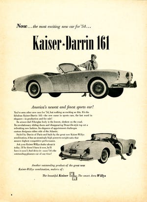 Initial advertising for the Kaiser Darrin promoted its fiberglass body and modern features like sliding doors and special Landau convertible top. [Kaiser]