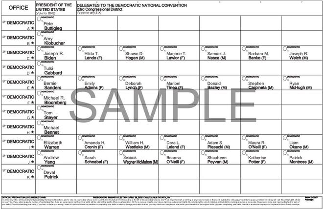 A copy of the Sample Ballot for the Democratic Presidential Primary, the same ballot that would have been used April 26. “This is one of the rare times the ballot would be the same across Yates County,” says Democratic Committee Co-Chair Rich Stewart. “Many people don’t realize that all eleven candidates will be listed, along with the delegates which will be elected June 23.”