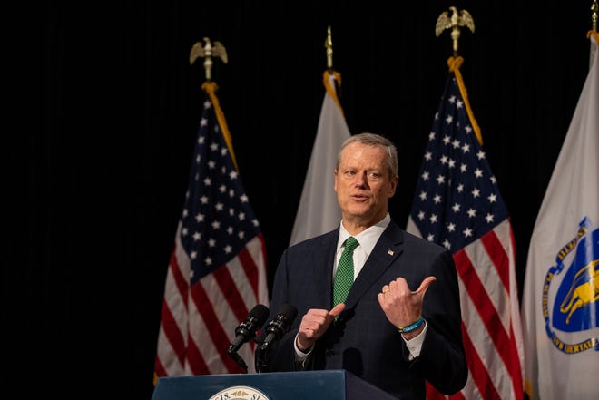 At his Tuesday news briefing, Gov. Charlie Baker said it's a "complicated issue" whether to allow visitors back into long-term care facilities. "Lot of psychological benefit in it, but big concerns about some of the issues associated with the virus." [Photo: Sam Doran/SHNS]