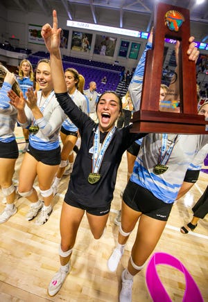 Ponte Vedra libero Sophia Ervanian (4) celebrates after defeating the Vanguard High School Knights in the 2019 FHSAA 5A State Finals in November 2019. [Doug Engle/Ocala Star-Banner]