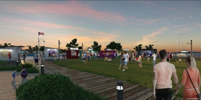 An early mockup of an outdoor event area at Cisco New Bedford for live music that will have portable kiosks for food and beverage service. The mockup is part of a site plan that was submitted to the New Bedford Planning Board last year for the Cisco New Bedford Site at 1480 East Rodney French Boulevard. [RENDERINGS BY ARCCENTRIC]