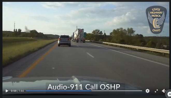 This screen capture from a video posted by the Ohio Highway Patrol on Facebook shows troopers following a North Carolina woman who had a mechanical issue and couldn't slow down on Interstate 77 in Guernsey County.