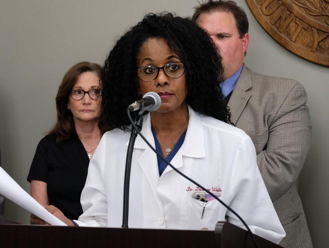 Bastrop County Health Authority Dr. Desmar Walkes talks to reporters on March 16 about the county’s emergency declaration in response to the coronavirus pandemic. [NELL CARROLL / BASTROP ADVERTISER]