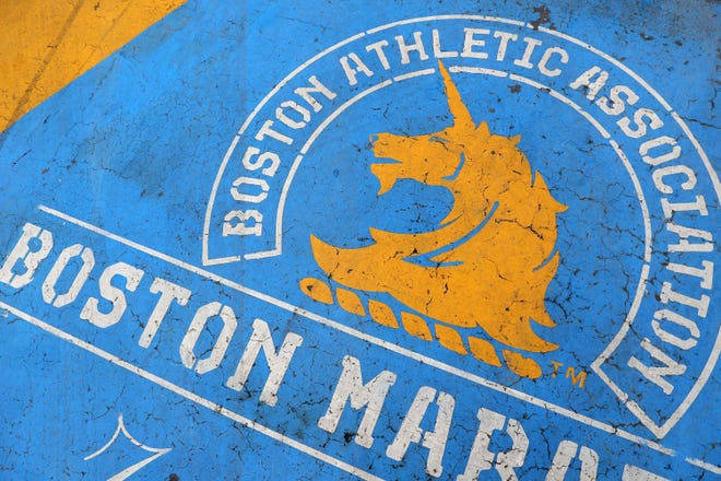 A detail of the Boston Marathon finish line on April 20, 2020 in Boston, Mass. The 2020 Boston Marathon has been canceled, Boston Mayor Marty Walsh announced. [Maddie Meyer/Getty Images/TNS]
