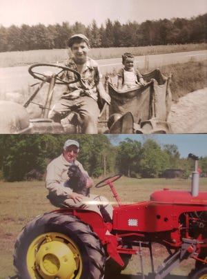 Ronnie Taylor drives his brother, Mike Taylor, around the family farm in Pink Hill in 1953. He drives his best friend, the late Francesca, around his Pink Hill home on his restored 1952 Massey Harris Pony. Ronnie is 76 on May 30. [Contributed photos]