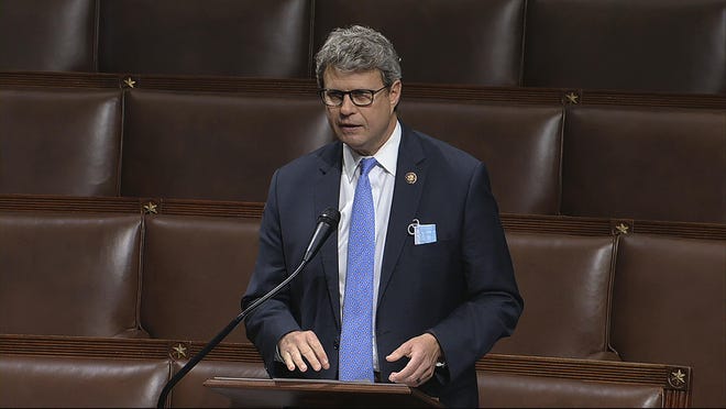 Rep. Bill Huizenga, R-Zeeland, speaks on the floor of the House of Representatives at the U.S. Capitol in April 2020. On Wednesday, Huizenga joined a lawsuit challenging the constitutionality of proxy voting. (AP File)