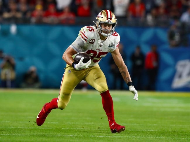 San Francisco tight end and former Norman High School standout George Kittle could soon become one of the highest-paid players in the NFL. [Matthew Emmons/USA TODAY Sports]