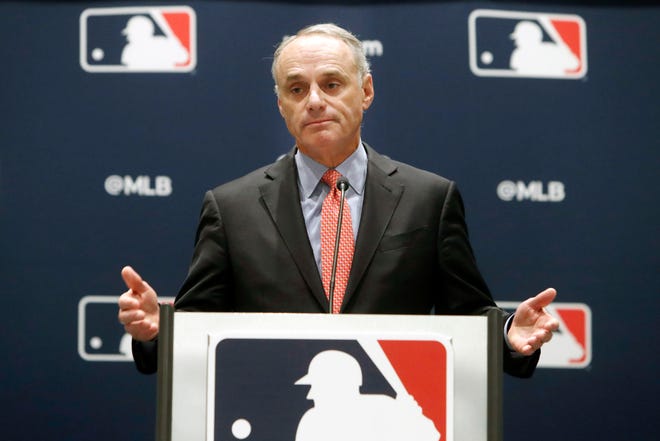 Baseball commissioner Rob Manfred speaks to the media at the owners meeting in Arlington, Texas. The chance that there will be no Major League Baseball season increased substantially Monday. [AP Photo/LM Otero, File]