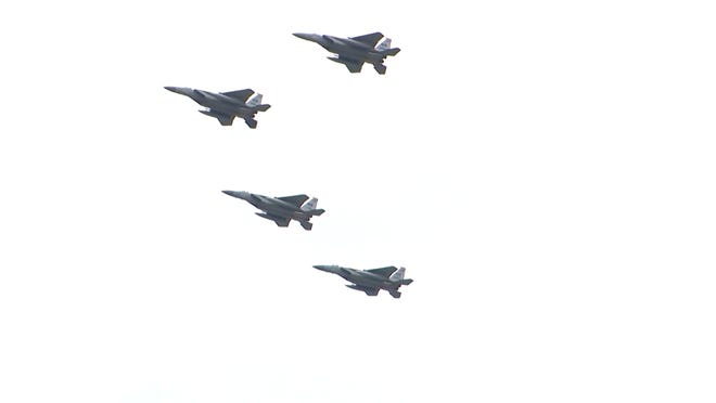 f 15 jets from the 104th fighter wing of the Massachusetts Air National Guard do a flyover in honor of front line workers on May 6. [WCVB]