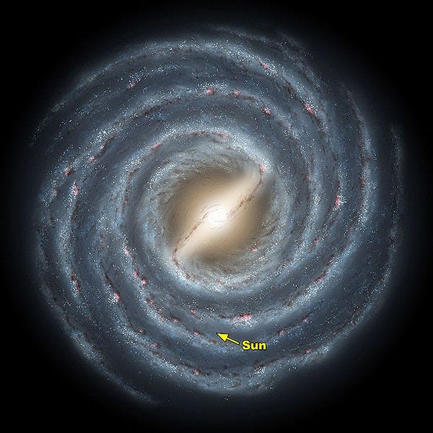 The position of the sun is shown in this artist’s rendering of the Milky Way galaxy. It takes the sun about 230 million years to go once around. [NASA/JPL-Caltech/R. Hurt/Public domain/Wikimedia Commons]
