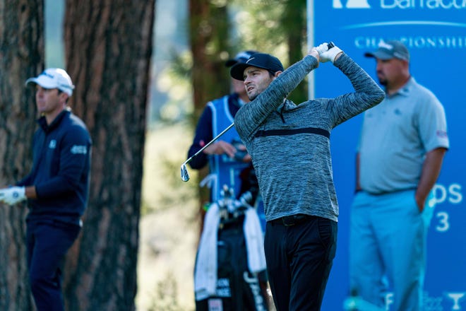 Jul 30, 2020; Truckee, California, USA; Kyle Stanley plays his shot during the first round of the Barracuda Championship golf tournament at Old Greenwood. Mandatory Credit: Andrew Wevers-USA TODAY Sports