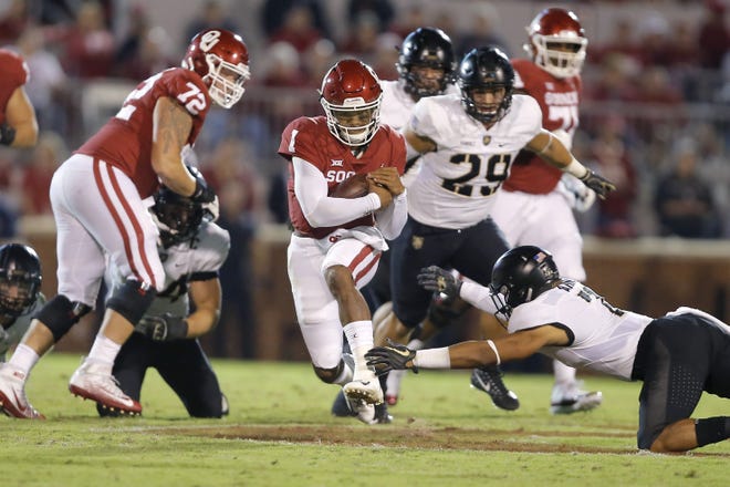 Kyler Murray (1) and the Sooners survived Army with a 28-21 overtime win two years ago in Norman. OU’s scheduled Sept. 26 game at Army was officially canceled Tuesday. [Bryan Terry/The Oklahoman]