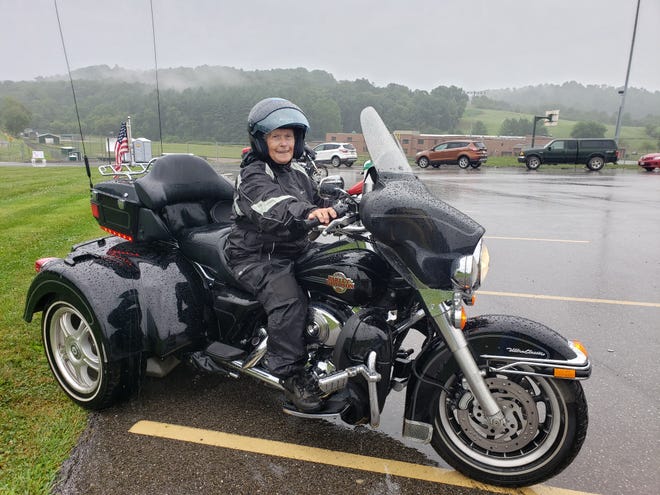 Bonnie Groves, 84, came prepared with a full rain suit to ride in the charity ride for Hospice of Guernsey Saturday morning and was disappointed when the ride was canceled due to rain.