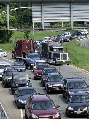 This photo taken by Columbia resident Karen Okupniak shows the traffic jam on Saturday morning after a minor accident closed the Delaware River bridge on I-80, and drivers tried to get to the Columbia-Portland toll bridge. This photo shows westbound I-80 traffic making the loop (top of photo) to get to the on-ramp to the Portland bridge.