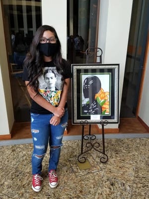 Joanna "Joey" Rivera poses with her award-winning artwork that was named Superintendent's Choice Best of Show at the 2020 Oklahoma State Arts Exhibition. [PHOTO PROVIDED]