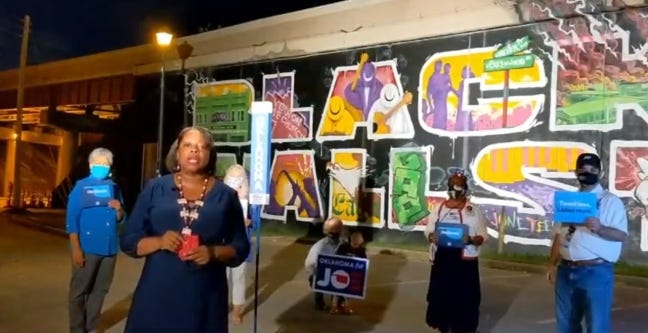 In this screen shot, Oklahoma Democratic Party Chair Alicia Andrews addresses her party's national convention on Tuesday night from Tulsa. Also pictured, from left to right: state Rep. Regina Goodwin, Kalyn Free, Jason McIntyre, Judy Eason McIntyre and Eric Proctor.
