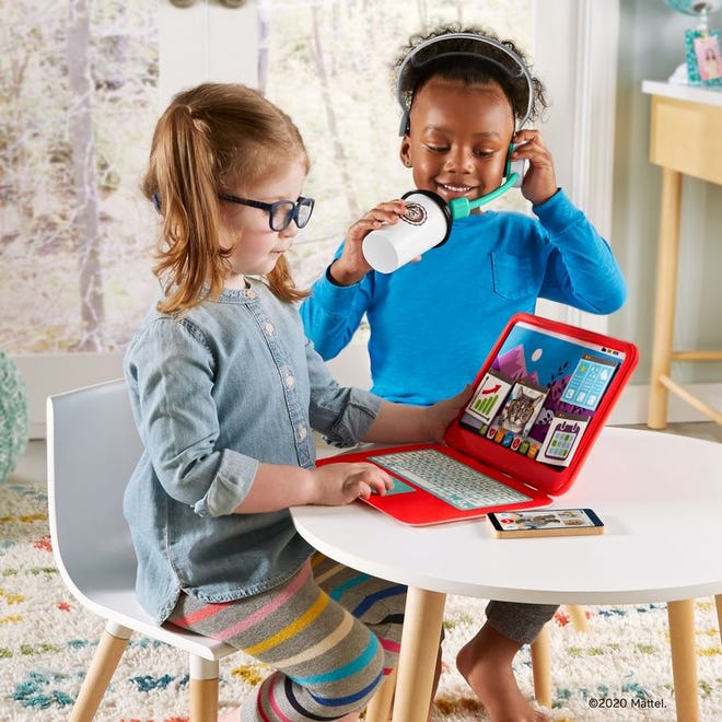 The My Home Office set includes a toy laptop, toy smartphone, headset and coffee cup.