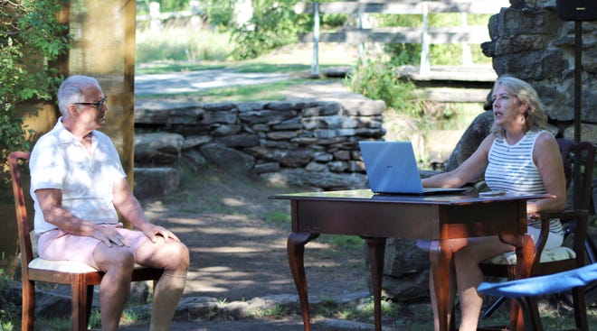 Mark Reed and Sheila Kelleher during a rehearsal for Nemasket River Productions at the Oliver Mill Park in Middleboro. [Submitted]